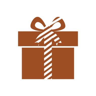 Kahverengi ve beyaz şeritli bir hediye kutusunun temiz ve basit bir çizimi. Geometrik ve soyut unsurlara sahip minimalist bir tarzda tasarlanan bu simge, tatil, kutlama veya ambalaj tasarım projeleri için mükemmeldir..