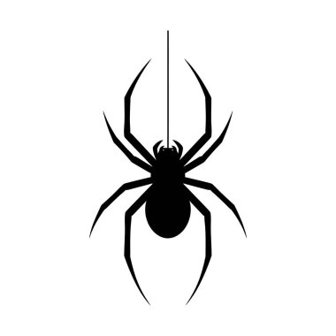 Minimalist tarzda basit ve temiz siyah beyaz bir örümcek silueti. Bu tek renkli vektör çizimi ikonlar, Cadılar Bayramı tasarımları, grafik projeleri ve doğa temalı görseller için idealdir..