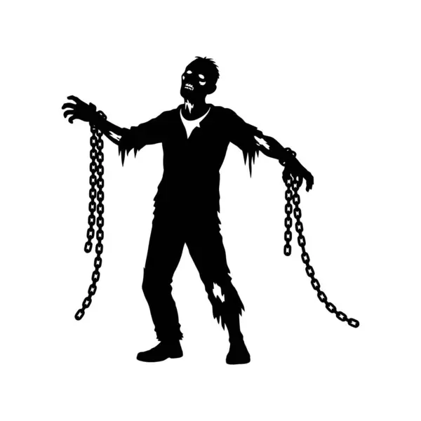 Karanlık zombi korku figürü, yırtık pırtık giysileri, zincirleri, pençeleri ve korkunç bir ifadesi olan bir gulyabaninin silüeti, son derece detaylı, dramatik ışıklandırma, siyah ve beyaz, karamsar atmosfer, dijital sanat