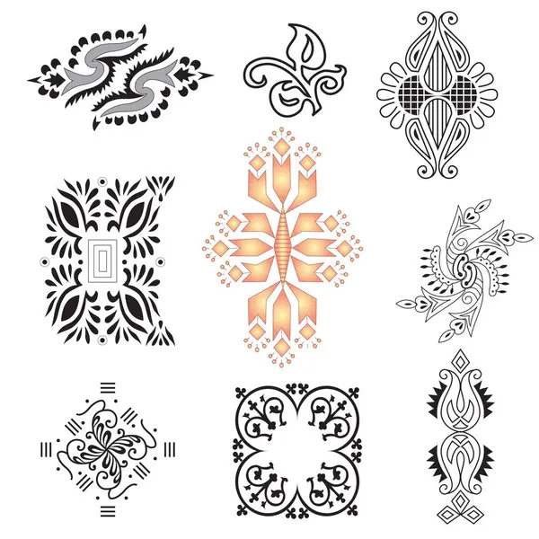 Siyah üzerine altın süs. İslami düzen ayarlandı. Arap geometrik desen demeti, doğu süsü, süs, Pers motifi. Bayram Mübarek duvar sanat altın desen şablonu.