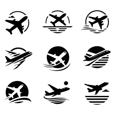 Uçak ikonu ayarlandı. Uçak vektör işareti. Havaalanı varış çıkış sembolü