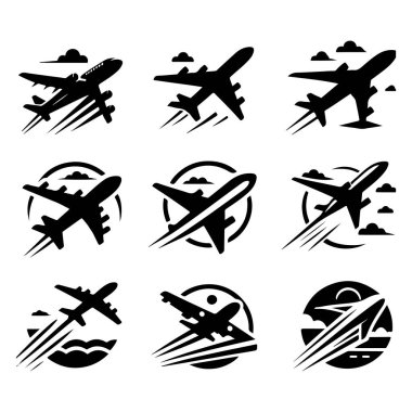 Uçak ikonu ayarlandı. Uçak vektör işareti. Havaalanı varış çıkış sembolü