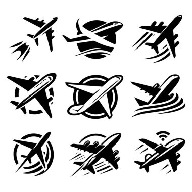 Uçak ikonu ayarlandı. Uçak vektör işareti. Havaalanı varış çıkış sembolü