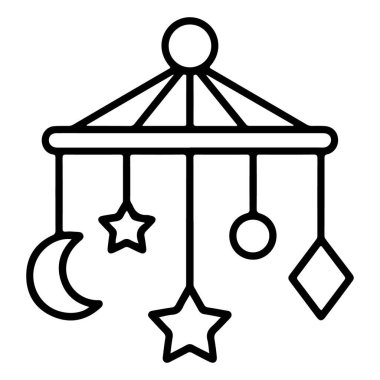 Ay, yıldızlar ve geometrik şekillerin merkezi bir yapıda asılı olduğu bir bebeğin minimalist siyah beyaz çizgili sanat çizgisi..