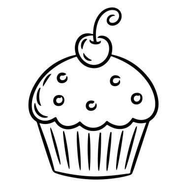 Elle çizilmiş, kapkek tasviri. Üstünde krema, serpiştirme ve üzerine siyah beyaz bir kiraz serpiştirilmiş..