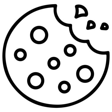 Yuvarlak bir kurabiyenin minimalist siyah beyaz çizgisi. Birkaç yuvarlak çikolata parçalı ve bir ısırık izi var..