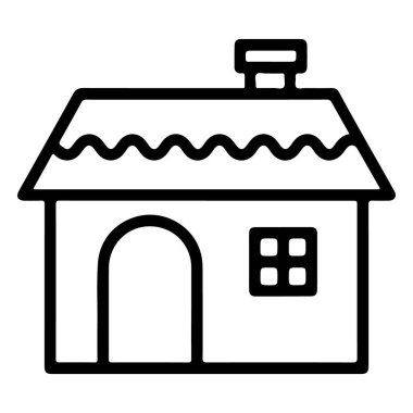 Pürüzsüz bir çatısı, kemerli kapısı, küçük bir penceresi ve bacası olan sevimli bir kır evinin minimalist çizimi..