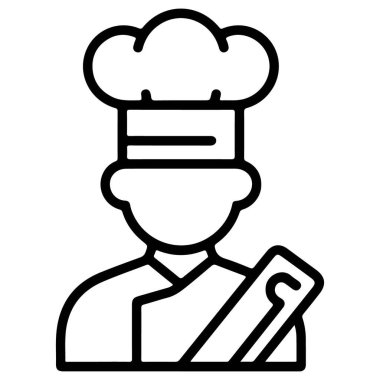 Basit bir siyah-beyaz çizgili sanat simgesi. Uzun bir toka giyen ve büyük bir bıçak tutan bir şef. Profesyonel mutfak illüstrasyonu.