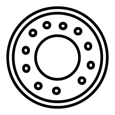 Yuvarlak bir nesnenin minimalist, siyah ve beyaz çizgisi. Merkezi bir delik ve etrafında eşit aralıklarla küçük delikler var..