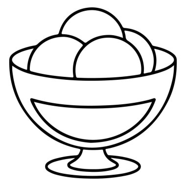 Siyah ve beyaz bir çizgi, birkaç kepçe dondurmayla dolu ayaklı bir kâseyi tasvir ediyor. Temiz ve minimalist bir şekilde sunuluyor..