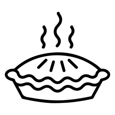 Minimalist siyah ve beyaz bir çizgi, kabuğundan yükselen buharlı yeni pişmiş bir turtayı tasvir ediyor, sıcaklığı ve lezzeti işaret ediyor..