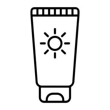 Önünde şekillendirilmiş güneş gözlüğü olan bir güneş kremi tüpünün basit bir siyah beyaz çizimi..