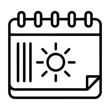 Güneşli bir günü ya da planlanmış bir olayı temsil eden, güneş sembollü bir takvim sayfasının basit bir özet simgesi.