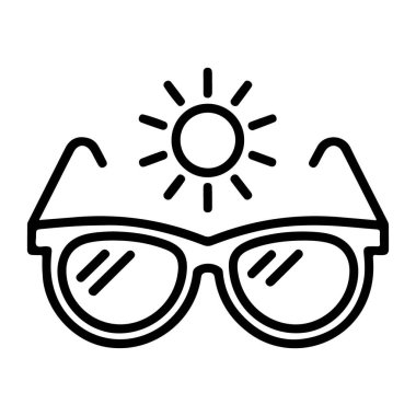 Güneşli hava ve göz korumasını simgeleyen, güneş ışınlarıyla kaplı basit bir çizgi sanat ikonu..