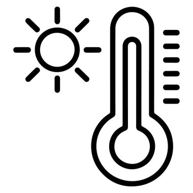 Parlak bir güneş ve termometreyi tasvir eden bir simge yüksek bir okuma, sıcak hava koşullarını ve yükselen sıcaklıkları simgeliyor..