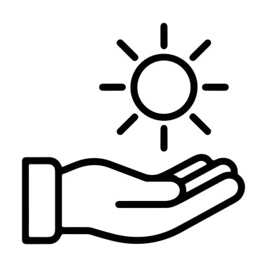 Güneş enerjisi, sıcaklık ve ışık gibi kavramları temsil eden açık bir eli tasvir eden basit bir çizgi sanat ikonu..