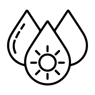 Üç su damlasından oluşan stilize bir ikon, birinin içinde güneş sembolü var, su, sağlık ve refah kavramları öneriyor..