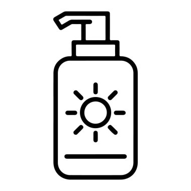 Güneş kremi ve cilt korumasını temsil eden, üzerinde güneş sembolü olan bir pompa şişesinin basit siyah beyaz çizgisi..
