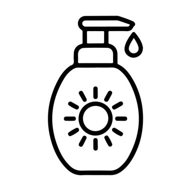 Güneş amblemi olan bir pompa şişesinin basit siyah beyaz çizimi ve şeker kutusundan dökülen bir damla sıvı..