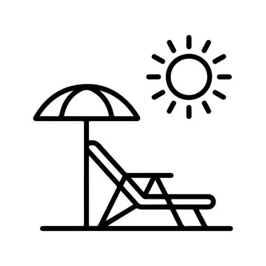 Minimalist bir çizgi plaj sandalyesi ve şemsiyesini tasvir ediyor, yukarıda parlak bir güneş ışığı var, rahatlama ve tatil hissi uyandırıyor..
