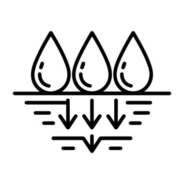 Üç su damlasının bir yüzeye emildiğini ve geçirgen katmanlardan aşağıya doğru aktığını gösteren bir simge.