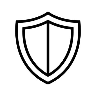 Klasik bir kalkan şeklinin minimalist siyah beyaz çizgisi. Korunma ve güvenliği temsil eden merkezi bir dikey çizgiye bölünmüş..