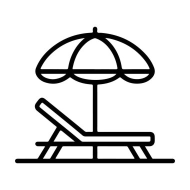 Bir minimalist siyah beyaz çizgi bir şezlong ve bir plaj şemsiyesi tasvir eder, rahatlamayı ve bir tatili simgeler..