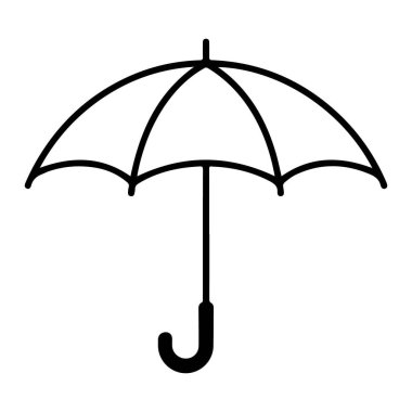 Açık, kavisli bir şemsiyesi olan siyah beyaz minimalist bir tasvir, beyaz bir arka fona karşı sunuluyor..