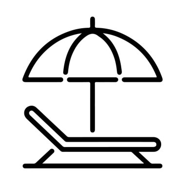 Bir minimalist siyah beyaz çizgi, bir şemsiyeli şezlonglu sandalye tasvir eder, rahatlama ve tatil önerir..