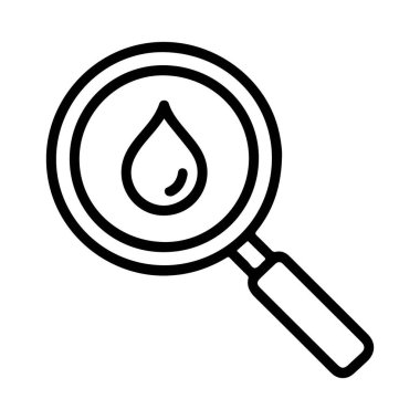 Tek bir su damlasına odaklanmış, araştırma veya analizi sembolize eden bir büyüteç gösteren basit bir siyah beyaz çizgi resim ikonu.