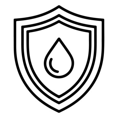 İçinde su damlası olan bir kalkanı tasvir eden, su geçirmez koruma ve güvenliği sembolize eden basit bir siyah beyaz çizgi sanat ikonu..
