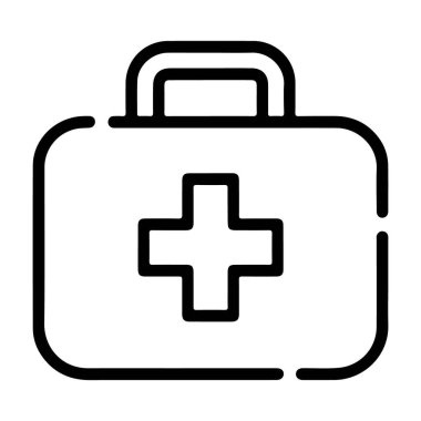 Belirgin bir kırmızı haç sembolü olan ve tıbbi yardım ve acil durum hizmetini temsil eden bir ilk yardım çantasının minimalist siyah beyaz çizimi.