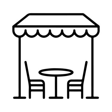 Açık hava kafesinin minimalist çizimi, bir tepe örtüsü, masa ve iki sandalye, yemek ve rahatlamayı temsil etmek için mükemmel..