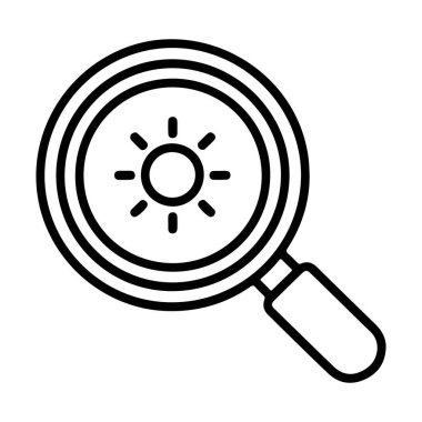 Şekillendirilmiş bir güneş sembolü üzerine odaklanmış bir büyütecin basit bir çizgisi çizimi ışık ya da sıcaklığın keşfi ya da keşfi.