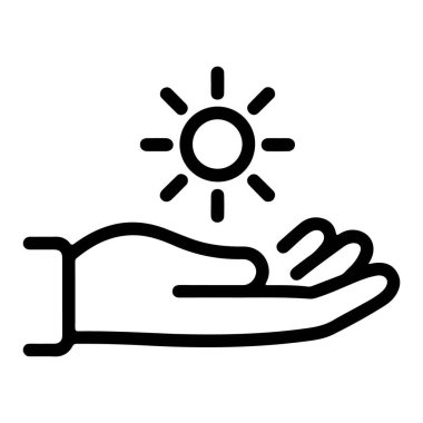 Üzerinde güneş sembolü olan açık bir elin basit bir siyah beyaz çizimi sıcaklığı, ışığı ya da özeni gösterir..