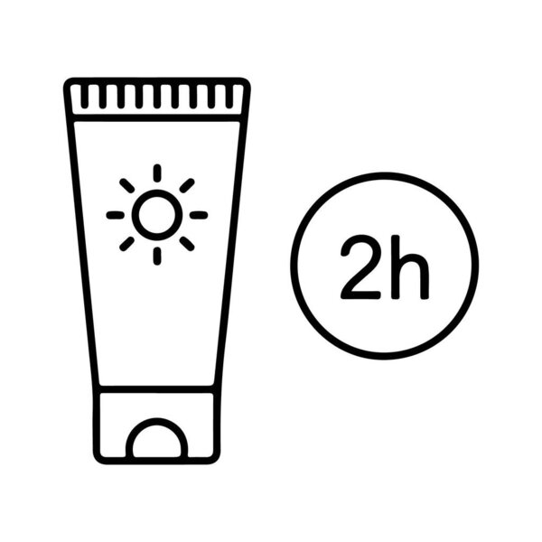 Контур иллюстрации трубки с солнцезащитным кремом с символом солнца, рядом с кругом, указывающим на два часа защиты.