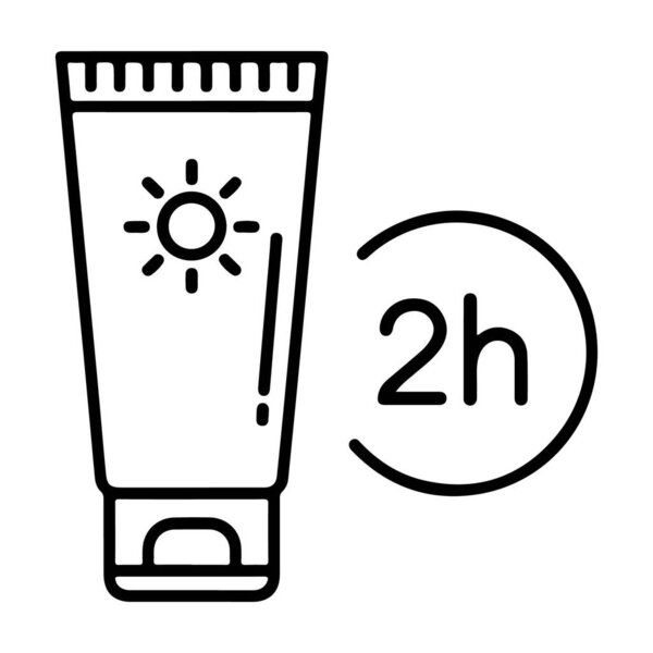 Иконка с трубкой солнцезащитного крема с символом солнца и круглым индикатором, показывающим два часа защиты.