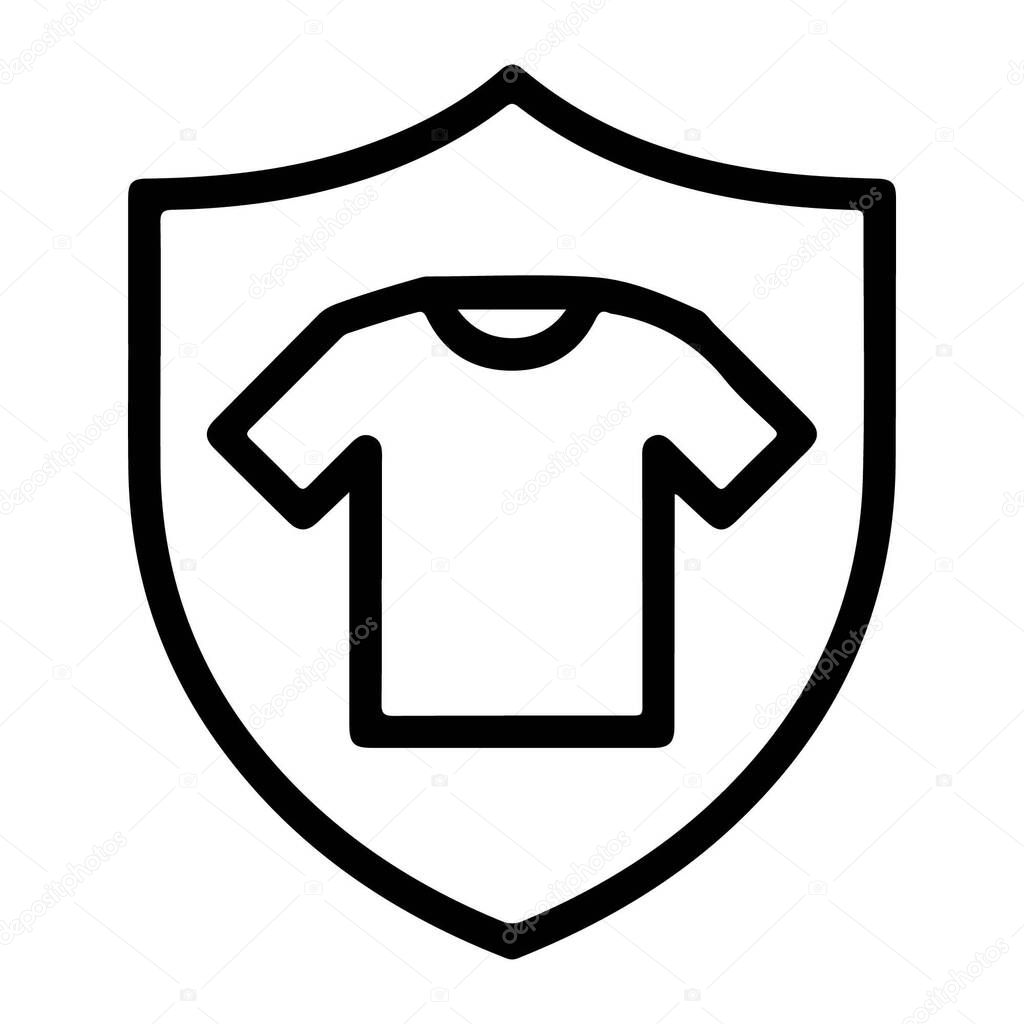 A simple black outline icon featuring a shield with a t-shirt inside, representing clothing safety or protection.