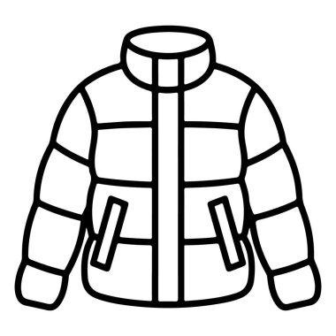 Temiz siyah beyaz bir çizgi, moda, hava durumu veya dış giysi ile ilgili görsel projeler için mükemmel, kalın bir kabarık ceket tasvir eder..