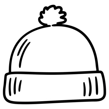 Pofuduk bir ponpon ve kabarık kenarlı örülmüş bir kış şapkasını betimleyen büyüleyici bir el çizimi grafiği. Mevsimlik temalar ve kış kıyafetleri için mükemmel..