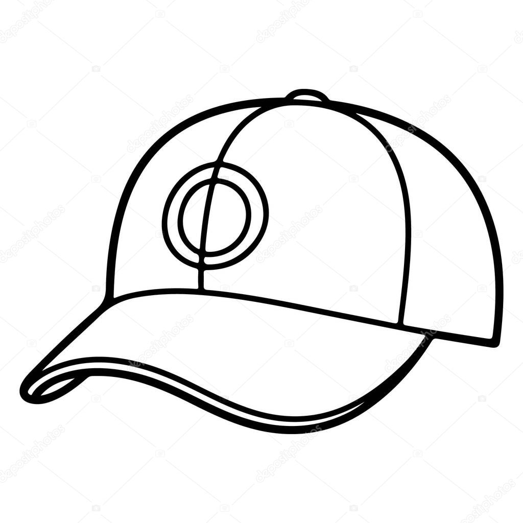 A clear outline graphic of a baseball cap, showcasing its curved brim and distinct paneling, featuring a circular emblem on the front.