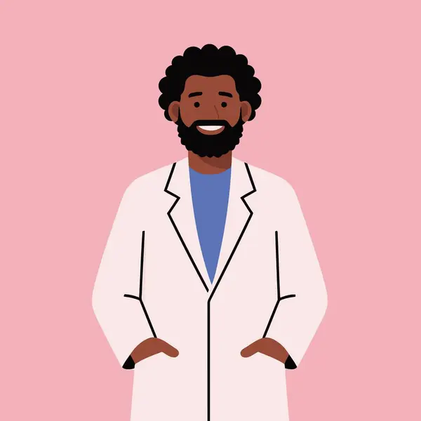 Afro-Amerikan erkek doktor. Erkek doktor gülümsüyor. vektör karikatür çizimi