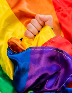 Canlı bir gökkuşağı bayrağını kavrayan sıkılmış bir yumruk, LGBTQ toplumu içindeki direnişi, gücü ve dayanışmayı simgeler. Yüksek kalite fotoğraf