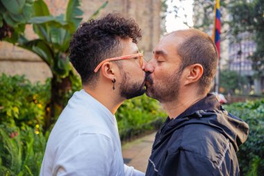 Olgun kel erkek çift ve genç kıvırcık saçlı eşcinsel inek gün batımında aşklarını gösteriyorlar aşk, çeşitlilik, gurur, özgürlük ve mutluluk kavramı için. Yüksek kalite fotoğraf