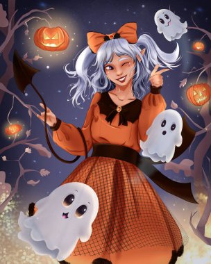 Portakal rengi bir Cadılar Bayramı kıyafeti giymiş güzel bir anime tarzı cadı kızın dijital çizimi. Sanat eserleri ürkütücü ve sevimli unsurları harmanlıyor, mevsimlik tasarımlar, Cadılar Bayramı kartları, posterler veya temalı ürünler için mükemmel hale getiriyor..