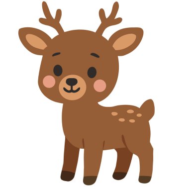 Sevimli karikatür tarzı geyik çizimi. Bu büyüleyici orman hayvanı çocuk kitapları, eğitim malzemeleri, çocuk resimleri, çıkartmaları, tebrik kartları veya orman temalı dekorlar için mükemmeldir..