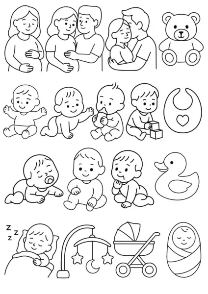   Ebeveynliği ve bebek hayatını tasvir eden siyah beyaz çizgi çizgileri koleksiyonu. Bebek partisi davetiyeleri, ebeveynlik blogları, çocuk dekorasyonu, boyama kitapları, doğum duyuruları, erken öğrenim materyalleri ve mobil ya da internet uygulamaları için mükemmel.