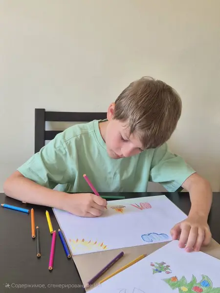 Çocuk kalemle resim çizer. Çocukların yaratıcılığı. Çocuk masada otururken resim çiziyor.