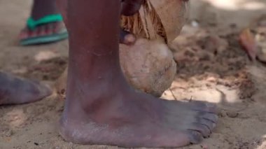 Afrikalı adam hindistan cevizini elleriyle açıyor.