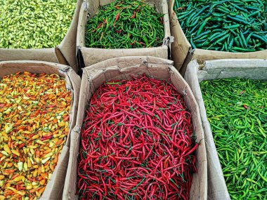 Endonezya geleneksel pazarlarında çeşitli Endonezya yemekleri için malzemeler olarak yağ biberleri, kıvırcık biberler, yeşil biberler, kırmızı biberler ve büyük kırmızı ve yeşil biberler mevcuttur..